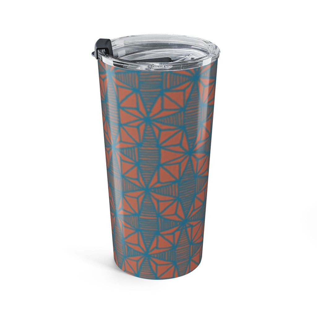 Chic 20oz Geometric Pattern Tumbler in a captivating blue and orange kaleidoscope design tumbler, ideal for road trips and outdoor adventures.