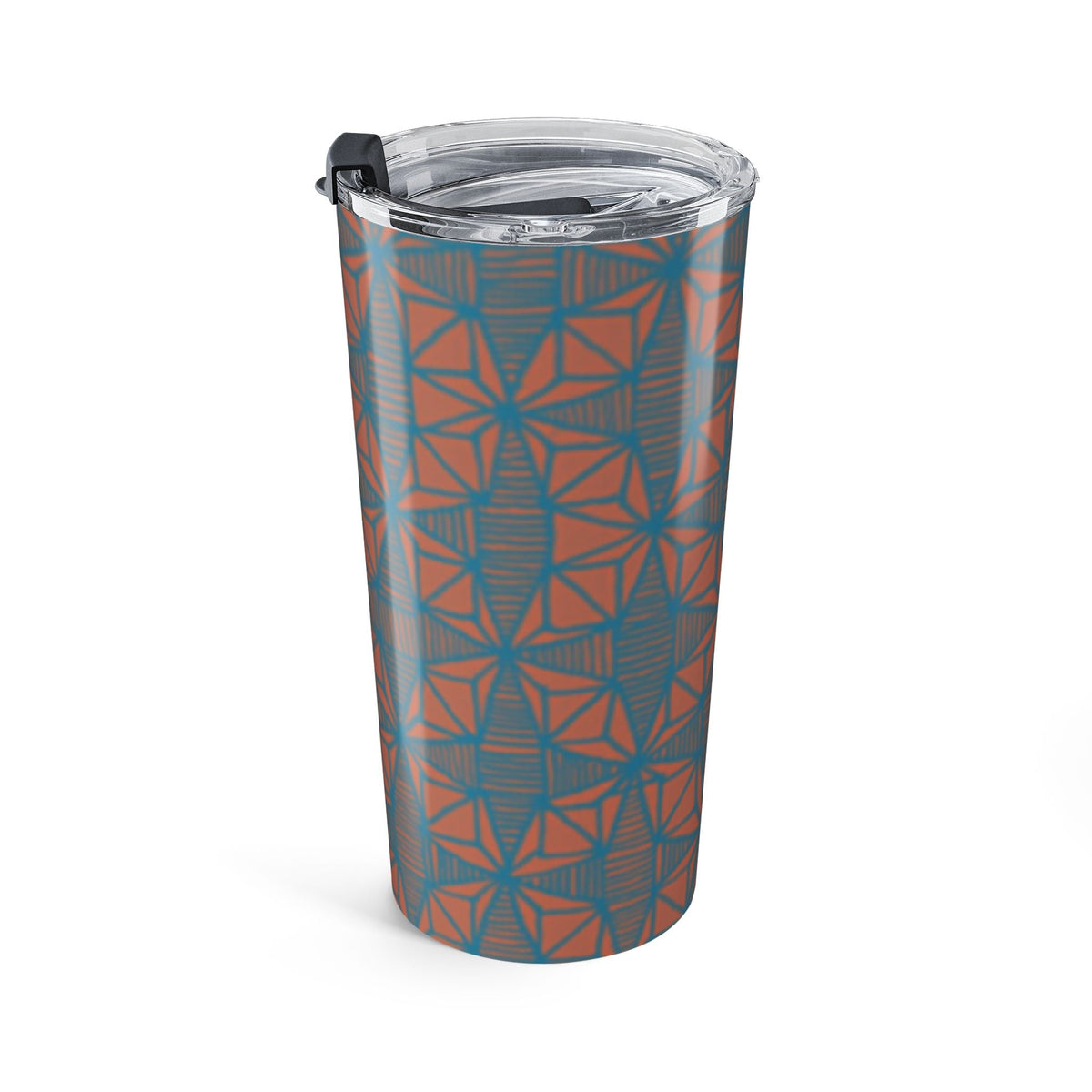 Chic 20oz Geometric Pattern Tumbler in a captivating blue and orange kaleidoscope design tumbler, ideal for road trips and outdoor adventures.