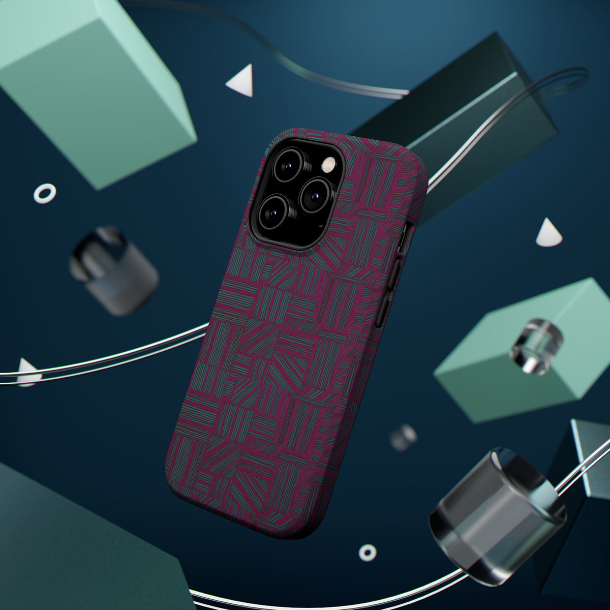 Slim Protective Phone Case With MagSafe, Dual-Layer Impact Protection, Plum Geometric Design, rear view with precise vertical camera openings; slim protective iphone 16 promax  case.