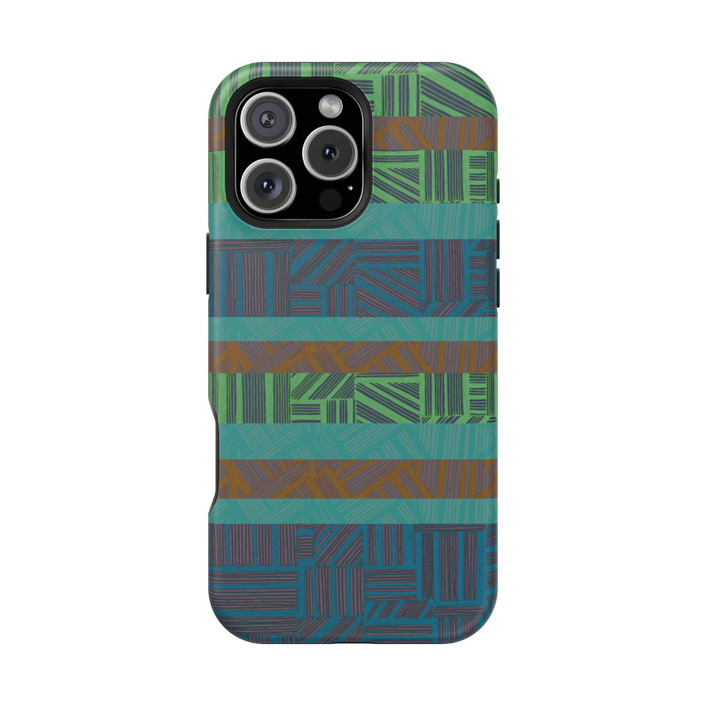 Green Geometric Stripe Phone Case — Impact-Resistant, wireless charging iphone 16 pro max case with vibrant green and blue geometric bands.