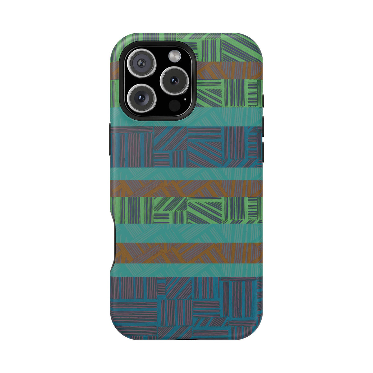 Green Geometric Stripe Phone Case — Impact-Resistant, wireless charging iphone 16 pro max case with vibrant green and blue geometric bands.