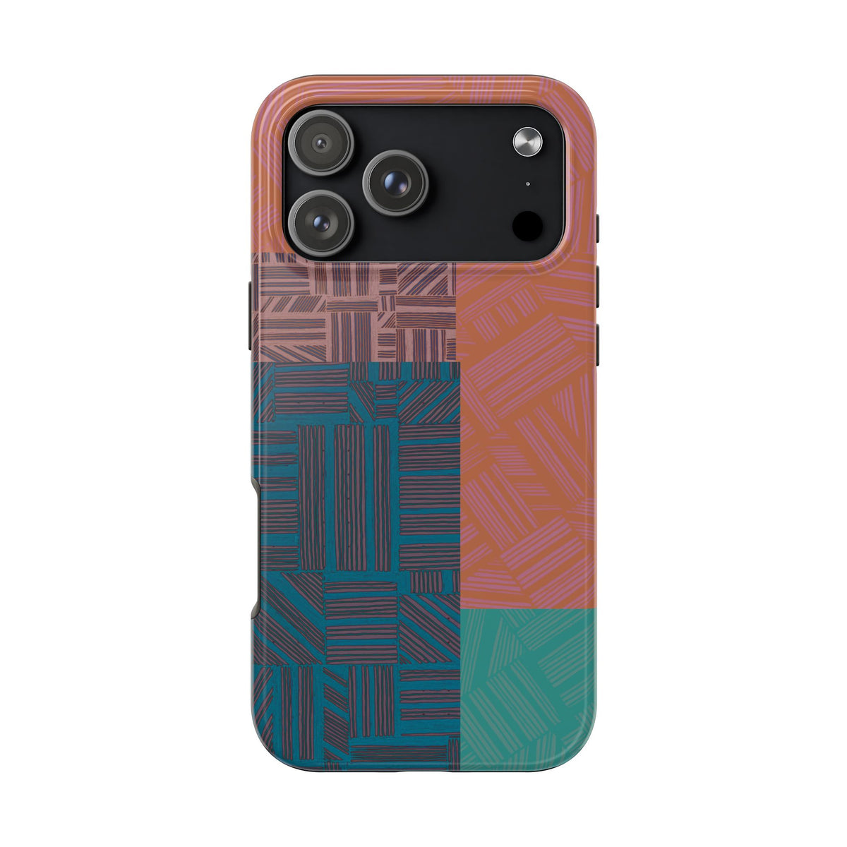 Abstract Geometric Tough Phone Case — Retro Block Pattern, retro iphone 18 pro max case with full back coverage and warm retro-inspired geometric artwork.