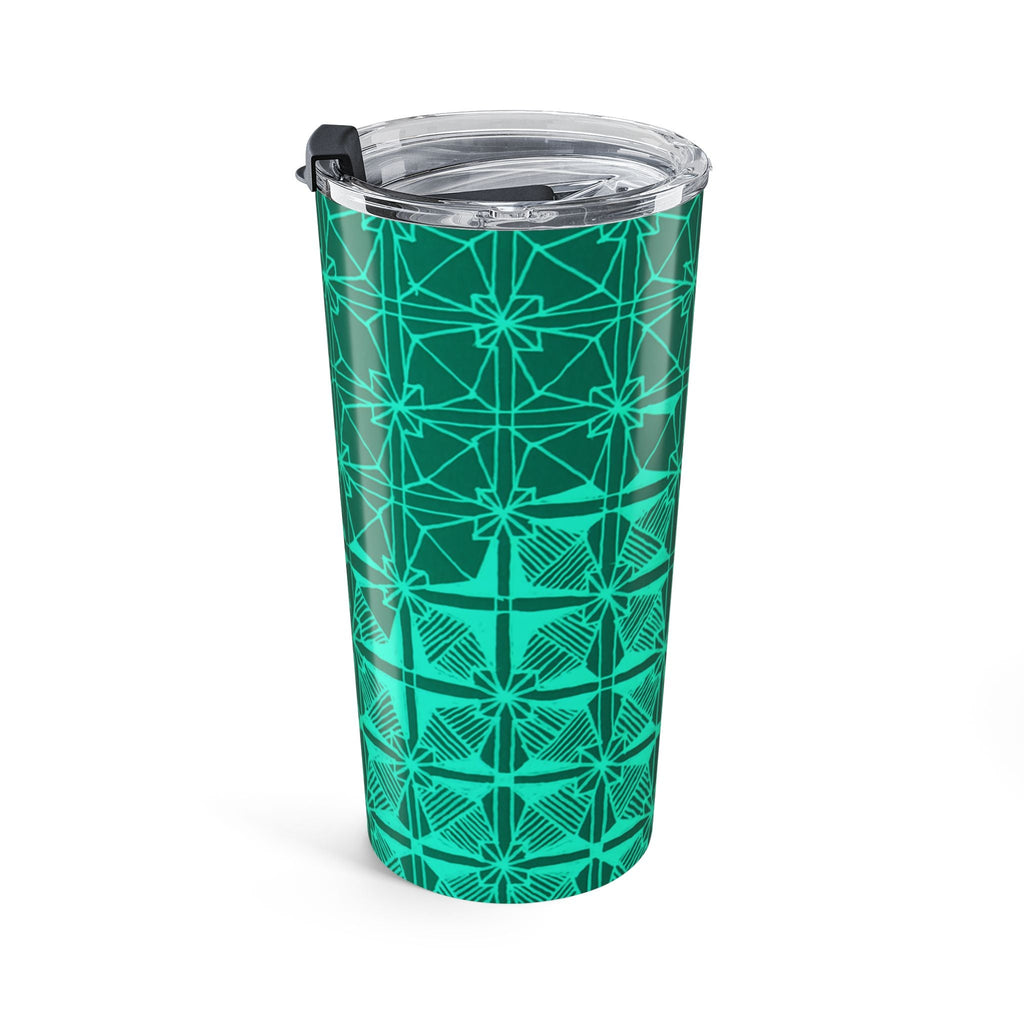 20oz Geometric Teal Tumbler in a lifestyle setting, perfect for your daily commute, thanks to its stylish design and vacuum insulated stainless steel construction.