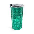 20oz Geometric Teal Tumbler in a lifestyle setting, perfect for your daily commute, thanks to its stylish design and vacuum insulated stainless steel construction.