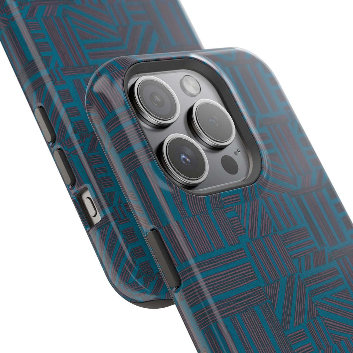 Impact Resistant Phone Case-20% OFF Entire Order, And Free Shipping, Teal Geometric MagSafe case close-up with triple-camera protection; impact resistant iphone 17 case-20% OFF Entire Order, and Free Shipping.