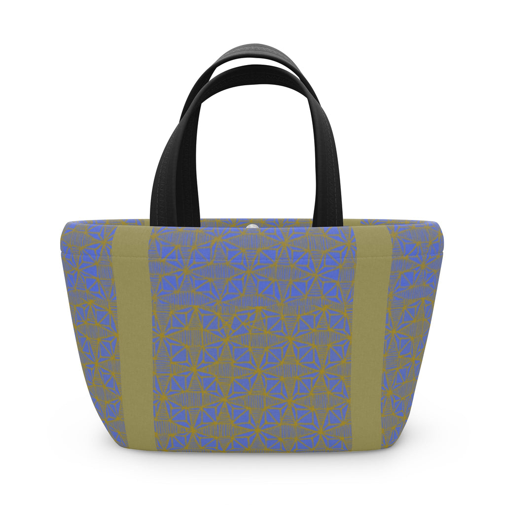 Stylish Geometric Blue Olive Insulated Lunch Bag with black handles, ideal compact lunch bag for modern commuters.
