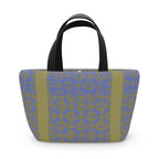 Stylish Geometric Blue Olive Insulated Lunch Bag with black handles, ideal compact lunch bag for modern commuters.