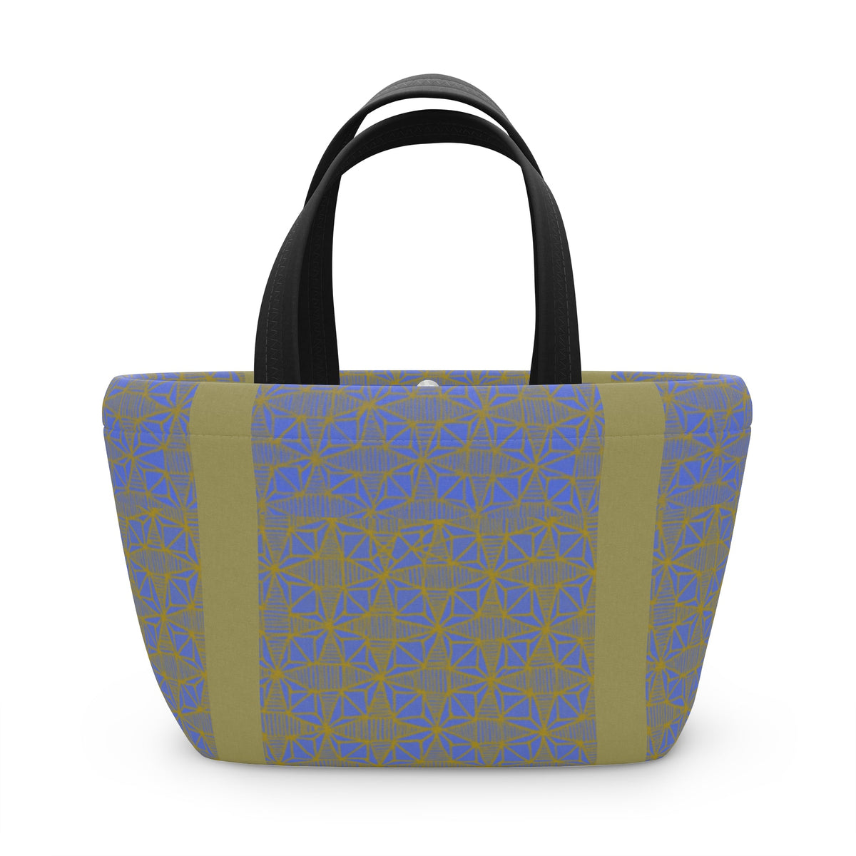 Stylish Geometric Blue Olive Insulated Lunch Bag with black handles, ideal compact lunch bag for modern commuters.
