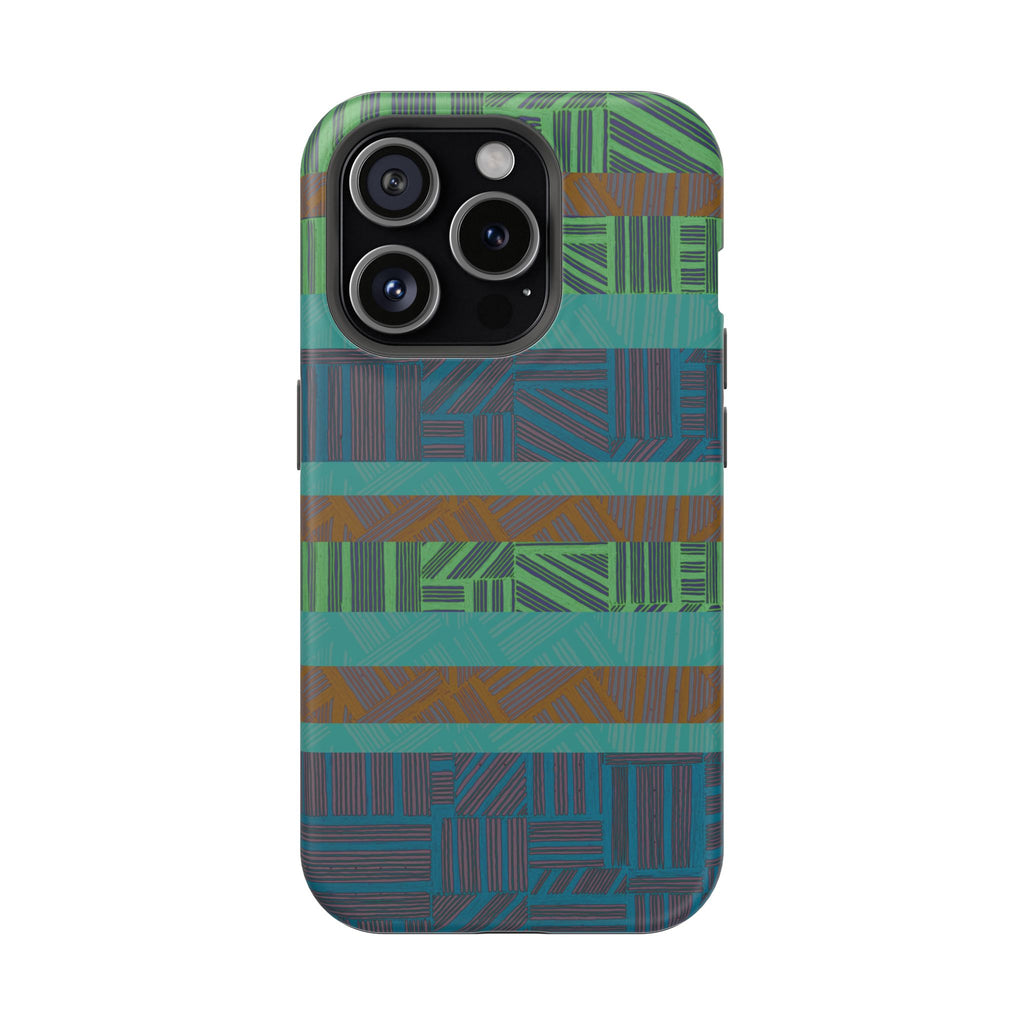 Green Geometric Stripe Phone Case — Impact-Resistant, wireless charging iphone 16 pro max case with full-wrap teal geometric stripe print.