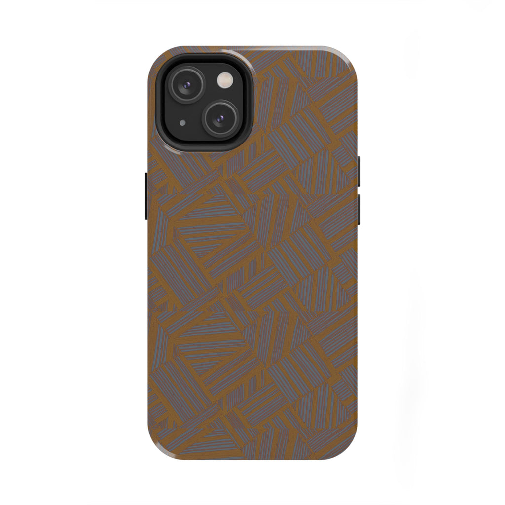 Tough Phone Case — Geometric Maze Brown Protective Cover, wireless charging iphone 18 pro max case with brown geometric maze pattern and dual-camera cutout.