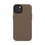 Tough Phone Case — Geometric Maze Brown Protective Cover, wireless charging iphone 18 pro max case with brown geometric maze pattern and dual-camera cutout.