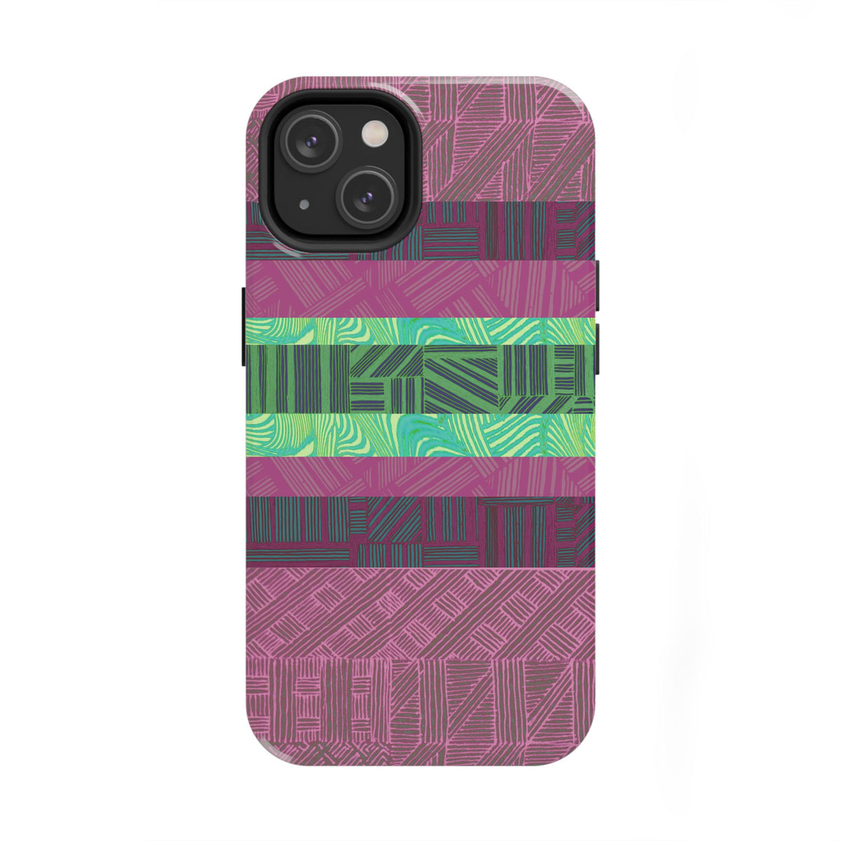 Fractyl glossy protective iphone 18 pro max case, Geometric Stripes Tough Phone Case — Purple & Teal Tribal Pattern, full back view