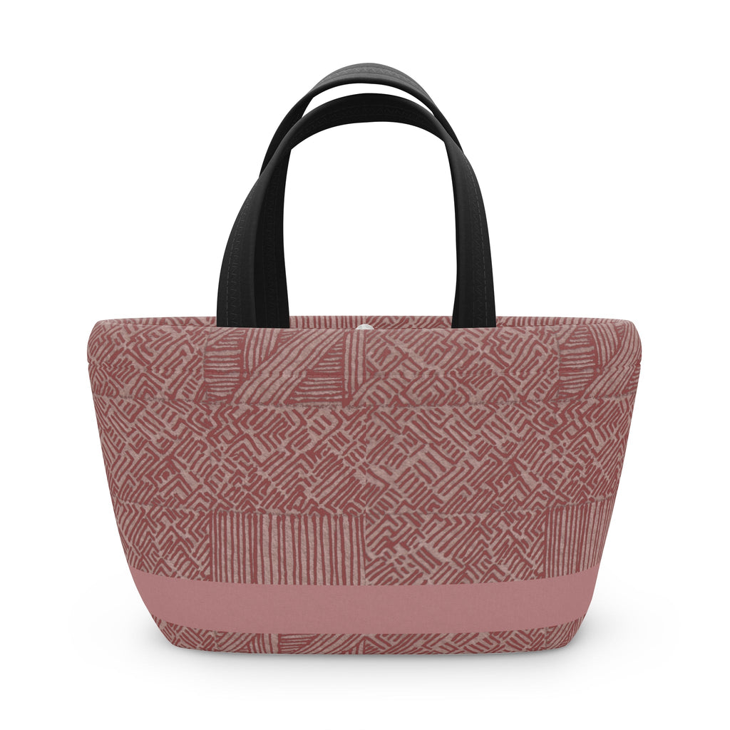 Insulated Geometric Pattern Lunch Bag — Dusty Rose Tote for Work & School. A versatile insulated lunch bag with a sleek pink geometric design, ideal for school lunches or work. This pink lunch tote doubles as a picnic lunch bag and makes a thoughtful gift for her.