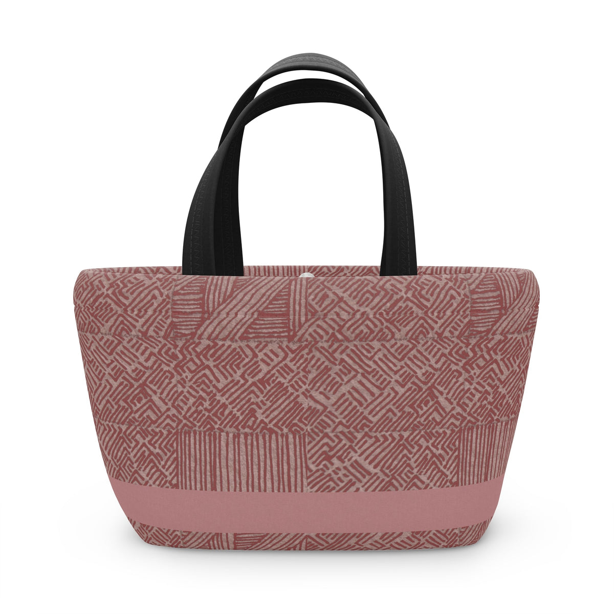 Insulated Geometric Pattern Lunch Bag — Dusty Rose Tote for Work & School. A versatile insulated lunch bag with a sleek pink geometric design, ideal for school lunches or work. This pink lunch tote doubles as a picnic lunch bag and makes a thoughtful gift for her.