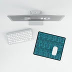 Geometric Teal Desk Mat — Large Patterned Mousepad for Office & Gaming, top-down view of a teal geometric gaming desk mat with mouse and keyboard beside a monitor