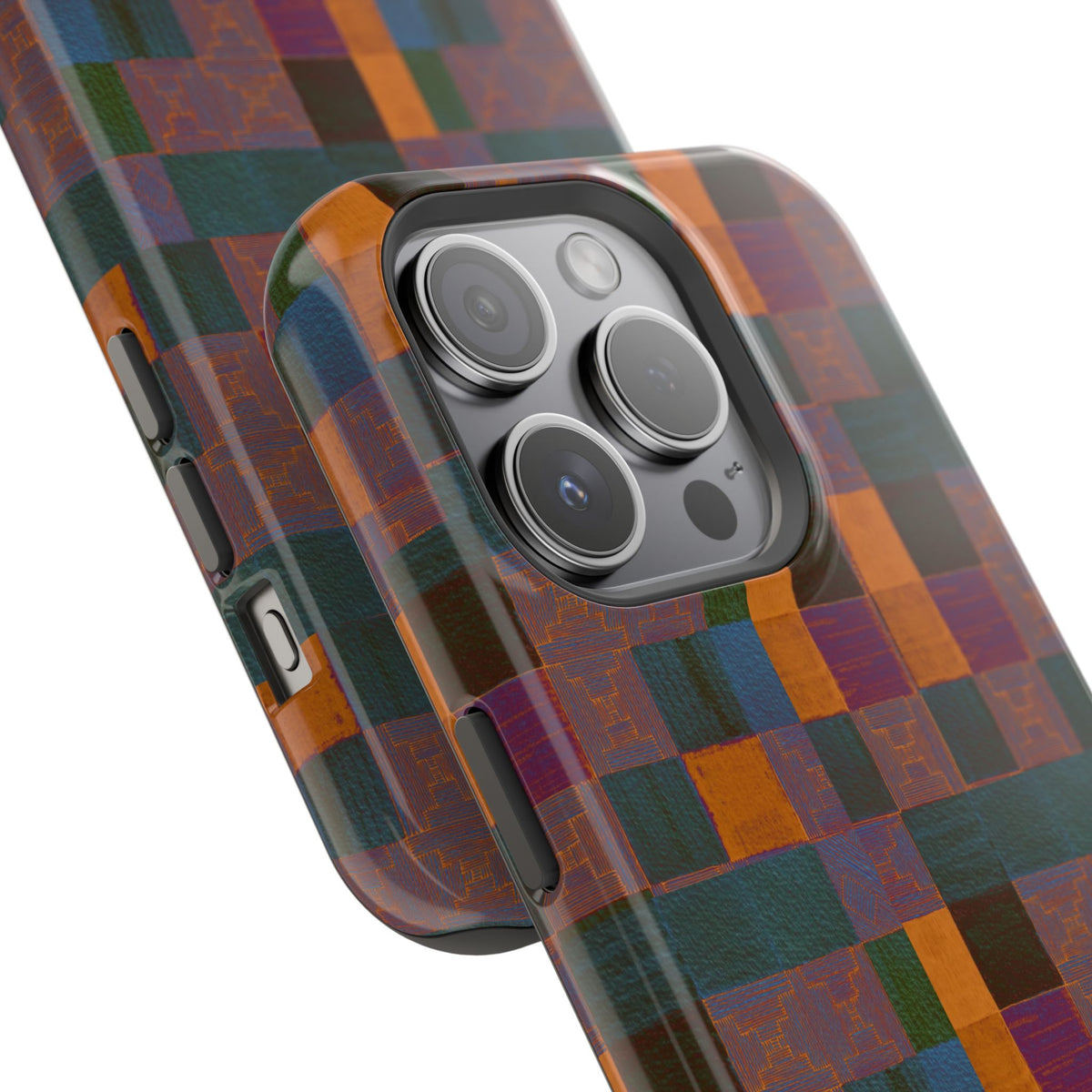 Impact-Resistant Phone Case — Retro Checkerboard Pattern, Fractyl wireless charging iphone 18 pro case with a close-up view of the impact-resistant camera surround.