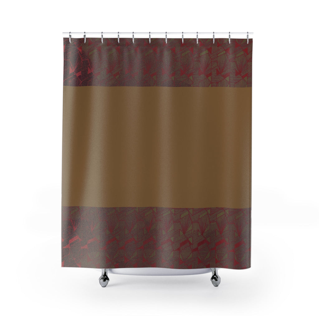 Earth Tone Striped Shower Curtain showcasing a textured fabric shower curtain waterproof design, featuring warm brown and maroon hues, ideal for bathroom decor. This boho shower curtain enhances a modern bath decor with its rustic charm, serving as a neutral bathroom accent and a simple shower decor choice.