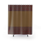 Earth Tone Striped Shower Curtain showcasing a textured fabric shower curtain waterproof design, featuring warm brown and maroon hues, ideal for bathroom decor. This boho shower curtain enhances a modern bath decor with its rustic charm, serving as a neutral bathroom accent and a simple shower decor choice.