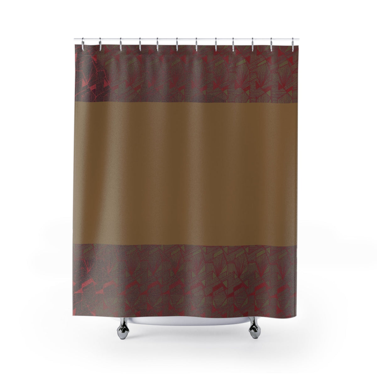 Earth Tone Striped Shower Curtain showcasing a textured fabric shower curtain waterproof design, featuring warm brown and maroon hues, ideal for bathroom decor. This boho shower curtain enhances a modern bath decor with its rustic charm, serving as a neutral bathroom accent and a simple shower decor choice.