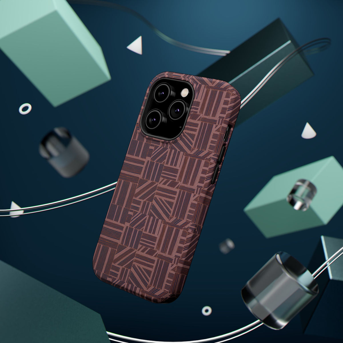 MagSafe Impact Resistant Phone Case - Geometric Brown Pattern, Dual-Layer Protection, angled lifestyle phone case; impact resistant iphone 17 pro max case