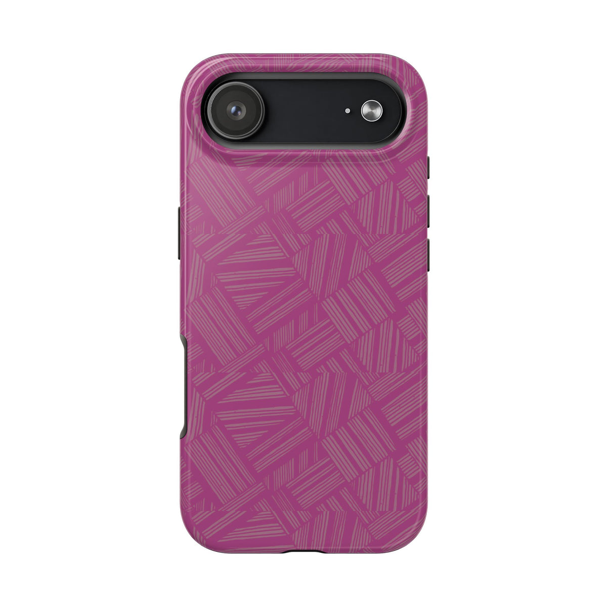 Magenta Geo Pattern Tough Phone Case — Protective Floral-Style Abstract Design, wireless charging iphone 18 pro case back and side button view.