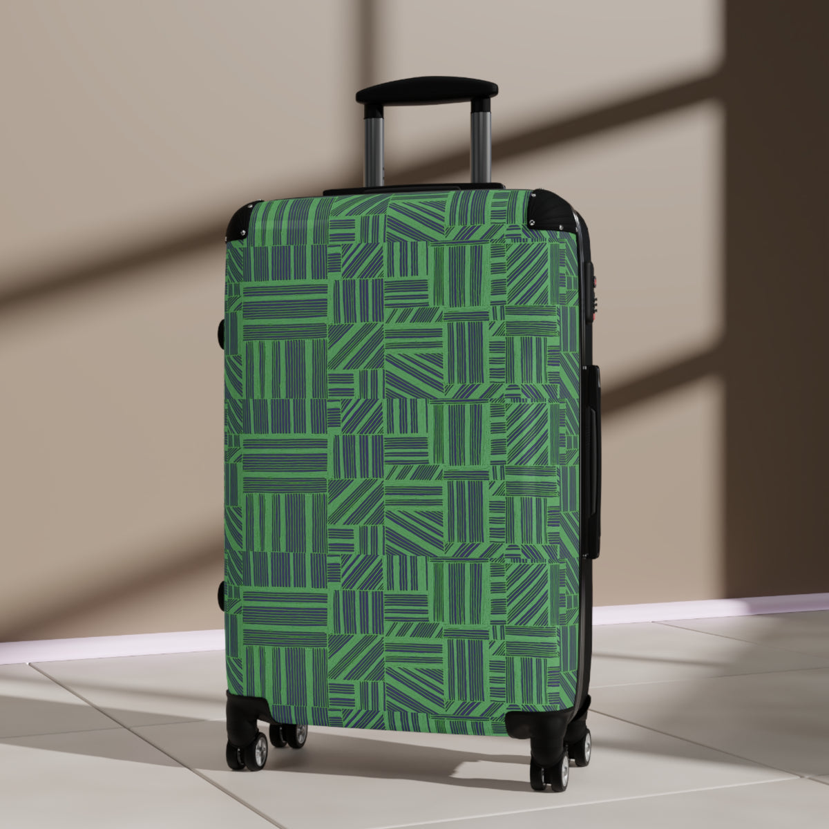 Green Geometric Hard Shell Carry On Suitcase – 360° Spinner Wheels & Built-In Lock