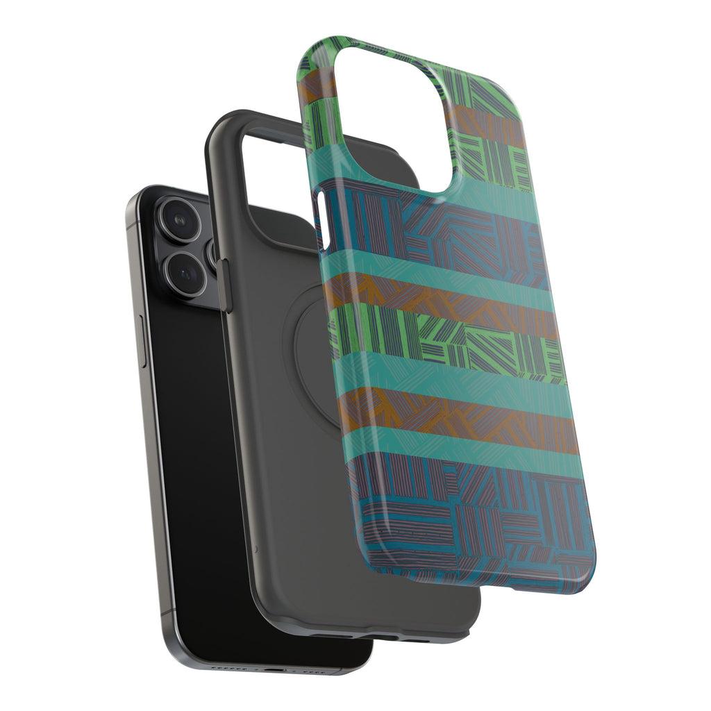 Green Geometric Stripe Phone Case — Impact-Resistant, wireless charging iphone 16 pro max case displayed beside a black phone interior.