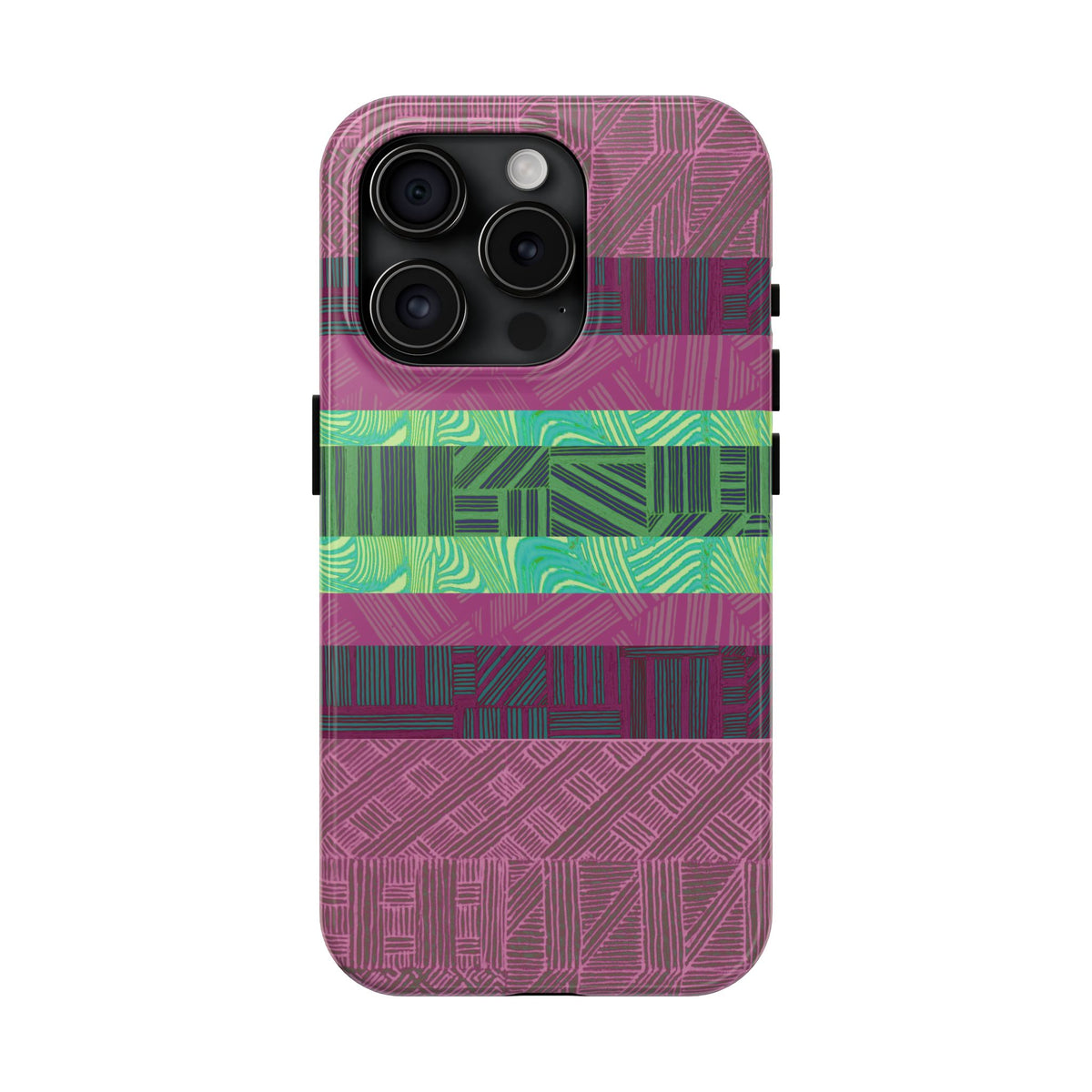 Fractyl glossy protective iphone 18 pro max case, Geometric Stripes Tough Phone Case — Purple & Teal Tribal Pattern, full phone case front view