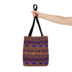 Bohemian Geometric Pattern Tote Bag — Purple & Gold All-Over Print, black printed canvas tote held by hand for everyday errands