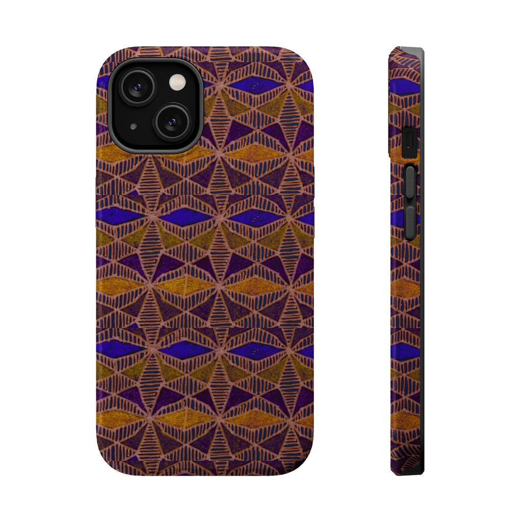 Phone Case — Geometric Tribal Pattern Magnetic Impact-Resistant Case, Fractyl impact resistant iphone 16 pro case with purple, brown, and amber geometric pattern shown from back and side.