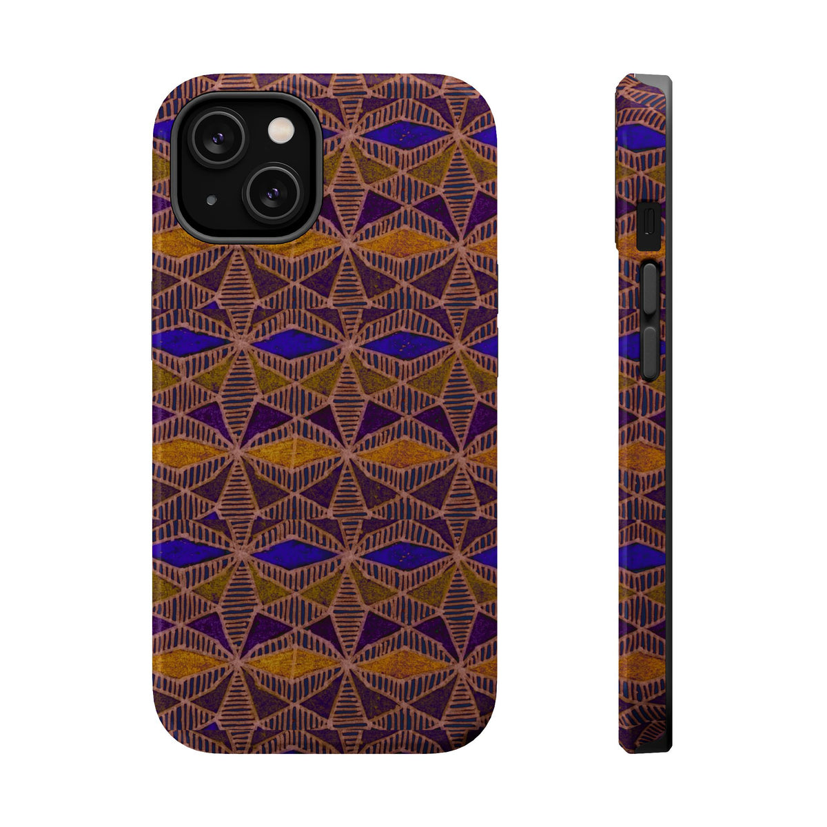 Phone Case — Geometric Tribal Pattern Magnetic Impact-Resistant Case, Fractyl impact resistant iphone 16 pro case with purple, brown, and amber geometric pattern shown from back and side.
