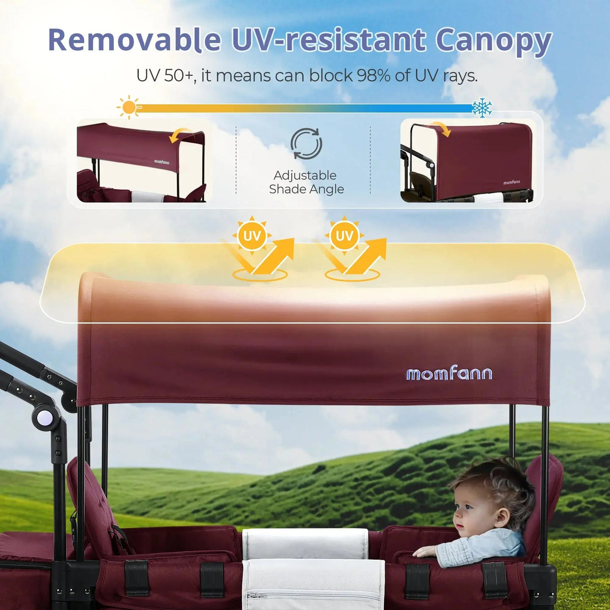 Momfann 2-Seater All-Terrain Stroller Wagon for Kids with red removable UV-resistant canopy, momfann 2 seater folding stroller wagon sunshade, Momfann, Shopify Collective.