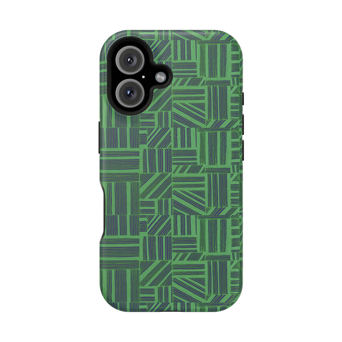 Green Magnetic Phone Case — 2-Layer Geometric MagSafe-Compatible Impact-Resistant Cover, green magnetic phone case- price match with CASETiFY and Casely, camera and flash openings shown in detail.