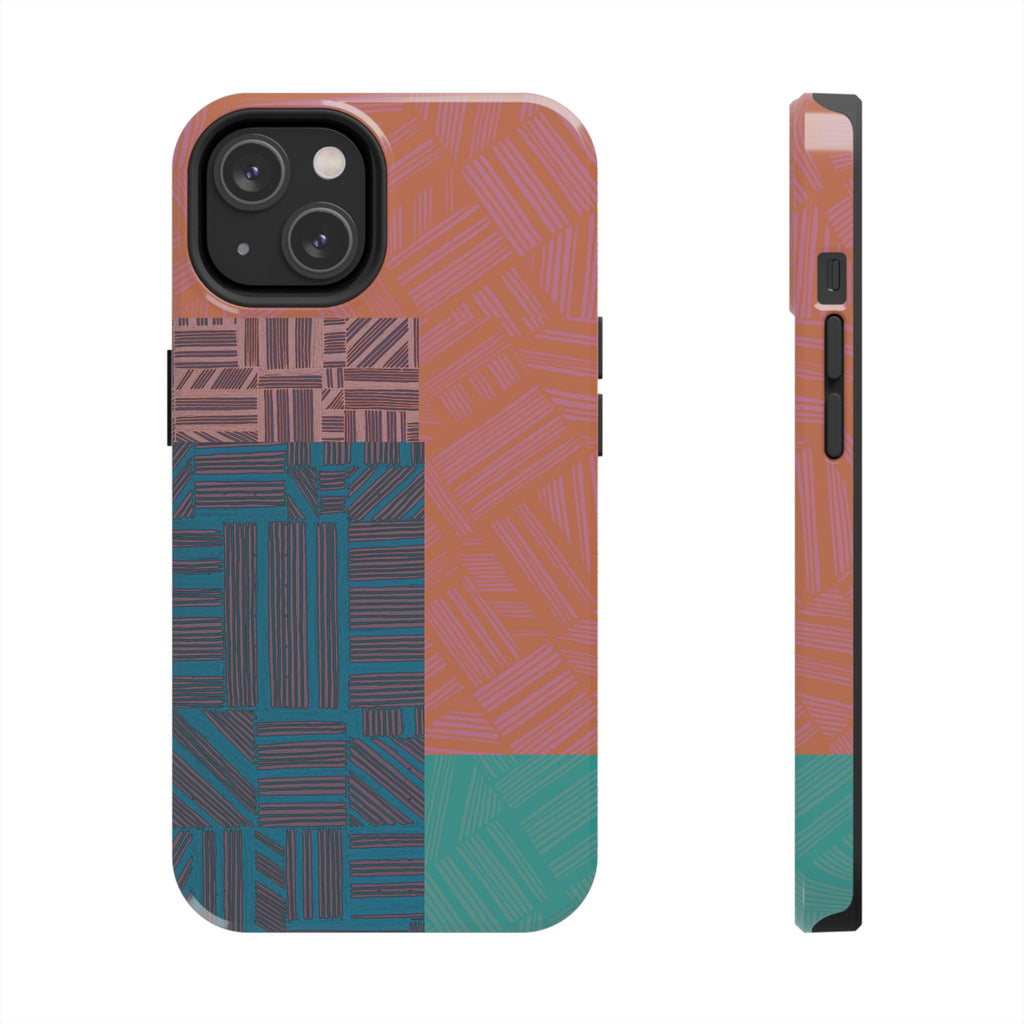 Abstract Geometric Tough Phone Case — Retro Block Pattern, retro iphone 18 pro max case styled for a modern workspace with colorful geometric appeal.