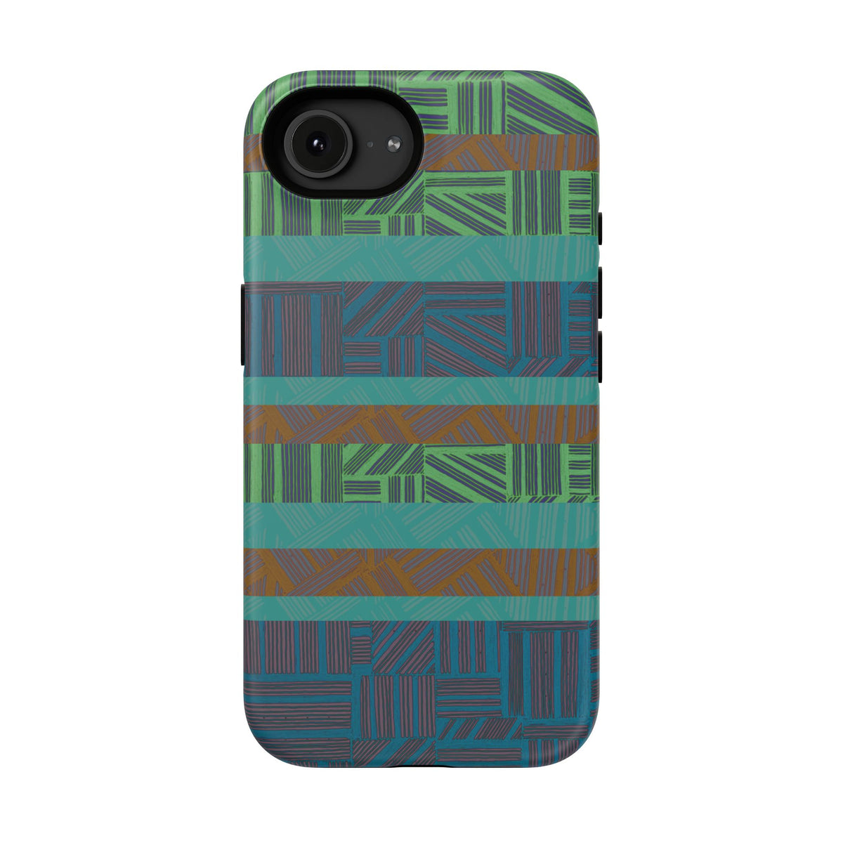 Green Geometric Stripe Phone Case — Impact-Resistant, wireless charging iphone 16 pro max case featuring a colorful woven geometric look.