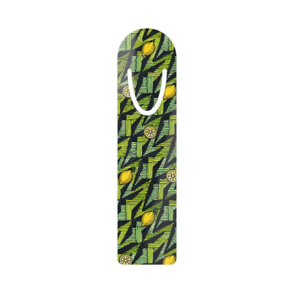 Lemon Geometric Metal Bookmark — Green Patterned Page Marker