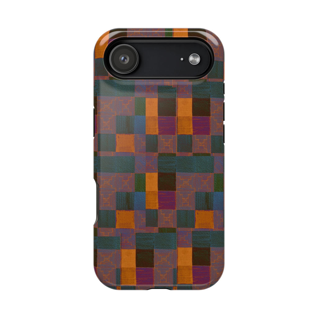 Impact-Resistant Phone Case — Retro Checkerboard Pattern, Fractyl wireless charging iphone 18 pro case shown on a phone with accessible side buttons and camera ports.