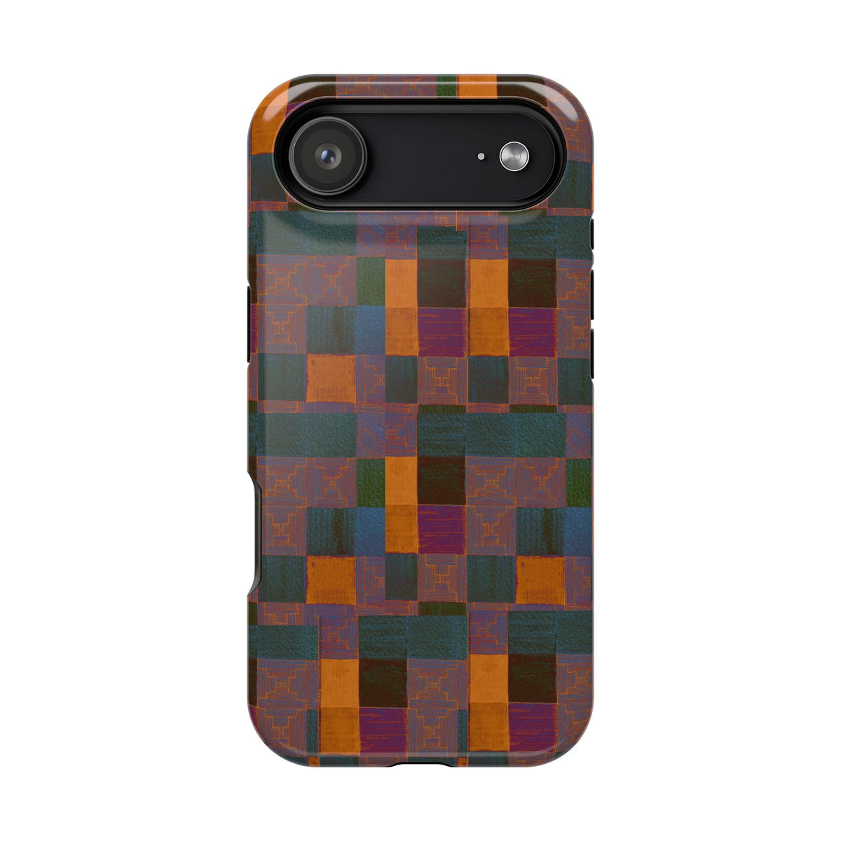 Impact-Resistant Phone Case — Retro Checkerboard Pattern, Fractyl wireless charging iphone 18 pro case shown on a phone with accessible side buttons and camera ports.