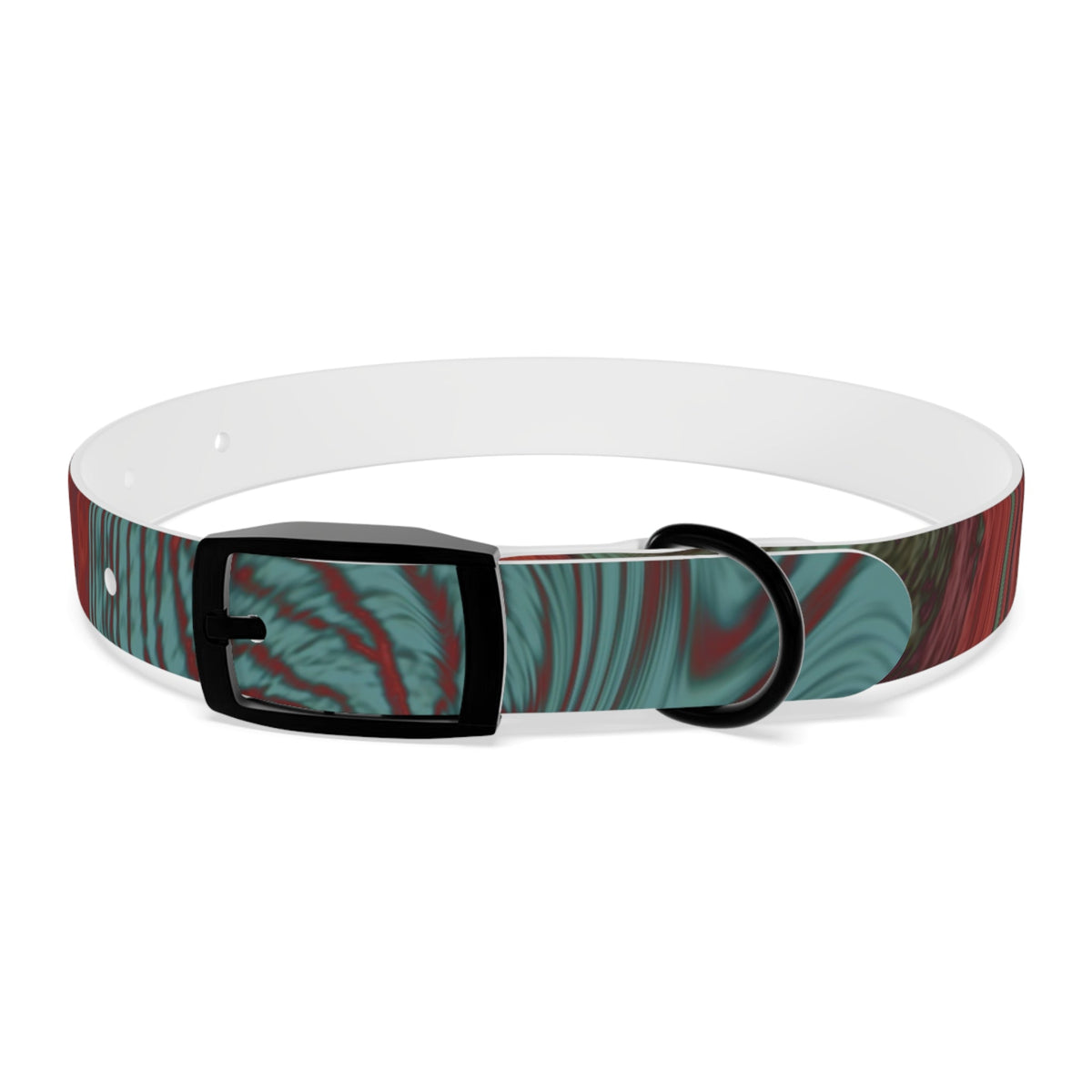 Displaying the black buckle on the Marbled Swirl Dog Collar — Red & Teal Abstract Pet Collar, emphasizing its hypoallergenic dog collar design.