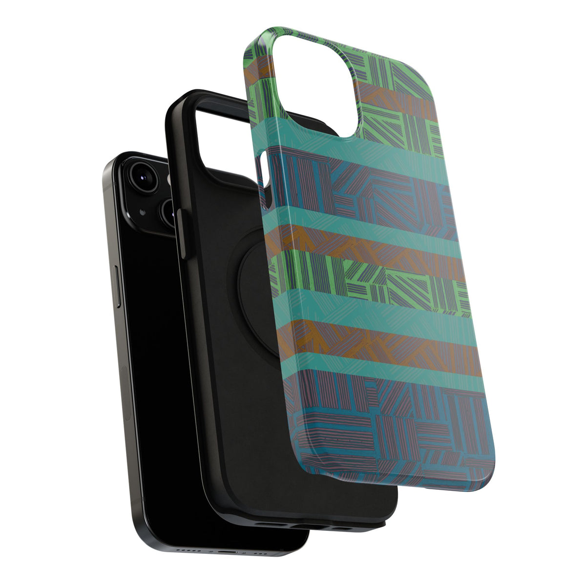 Green Geometric Stripe Phone Case — Impact-Resistant, wireless charging iphone 16 pro max case shown from the bottom with speaker and charging openings.