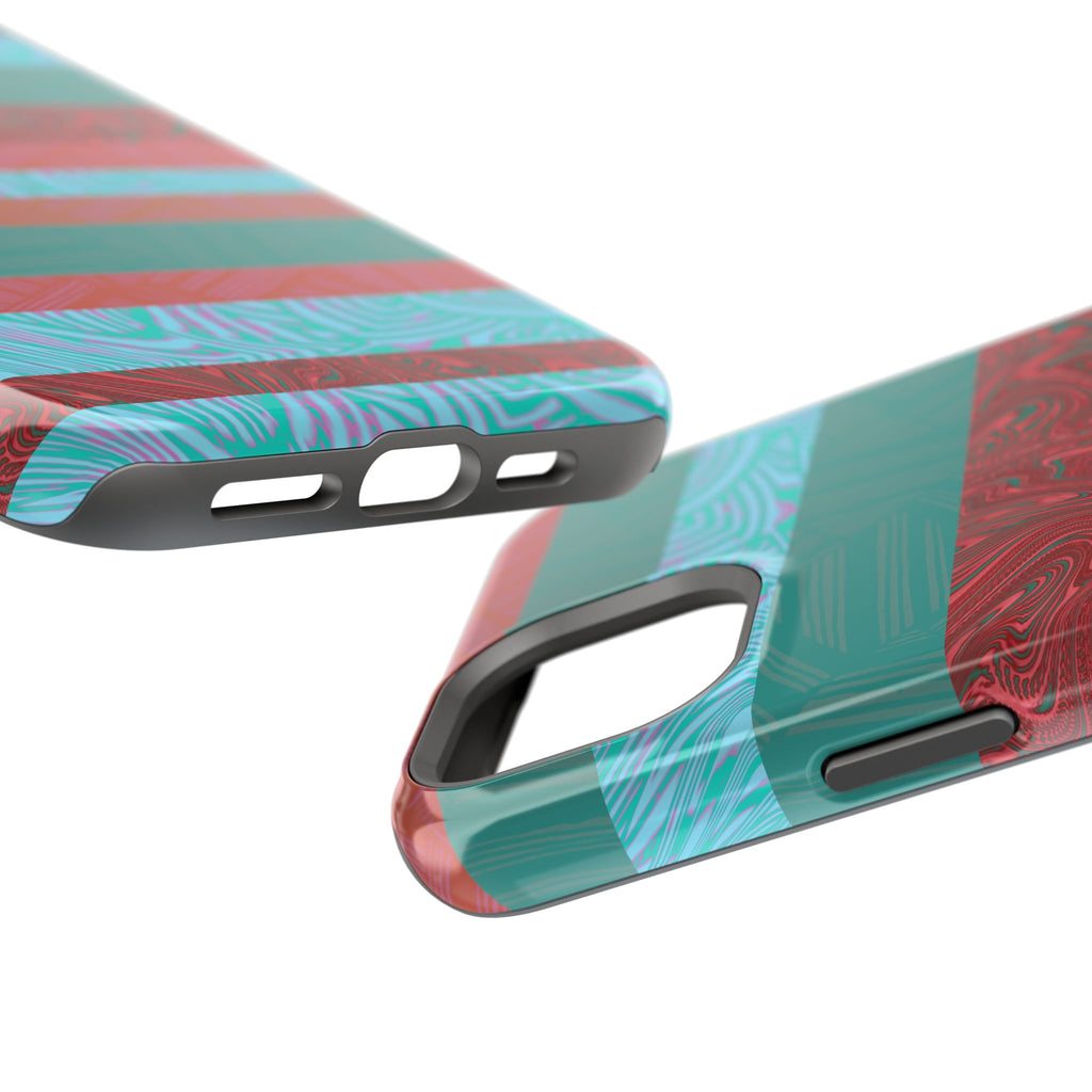 Striped Teal & Coral Magnetic Impact Phone Case bottom port cutouts, Fractyl magsafe compatible iphone 18 pro max case