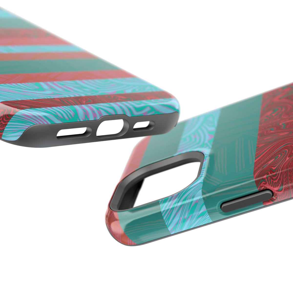 Striped Teal & Coral Magnetic Impact Phone Case bottom port cutouts, Fractyl magsafe compatible iphone 18 pro max case