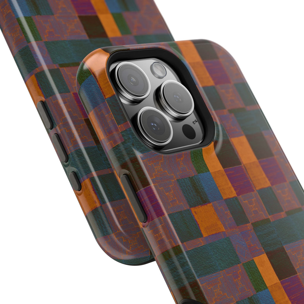 Impact-Resistant Phone Case — Retro Checkerboard Pattern, Fractyl wireless charging iphone 18 pro case with a premium close-up of the camera module and retro artwork.
