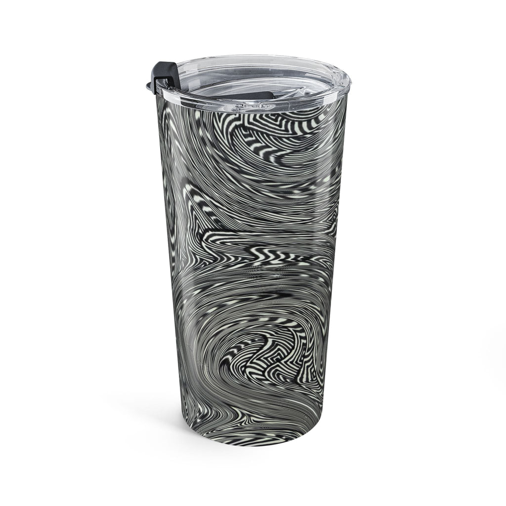 20oz Stainless Travel Tumbler featuring a stylish black swirl abstract design by Printify. This dishwasher safe tumbler is an ideal option for a commuter tumbler or as a modern water cup for those who cherish unique drinkware like gothic drinkware.