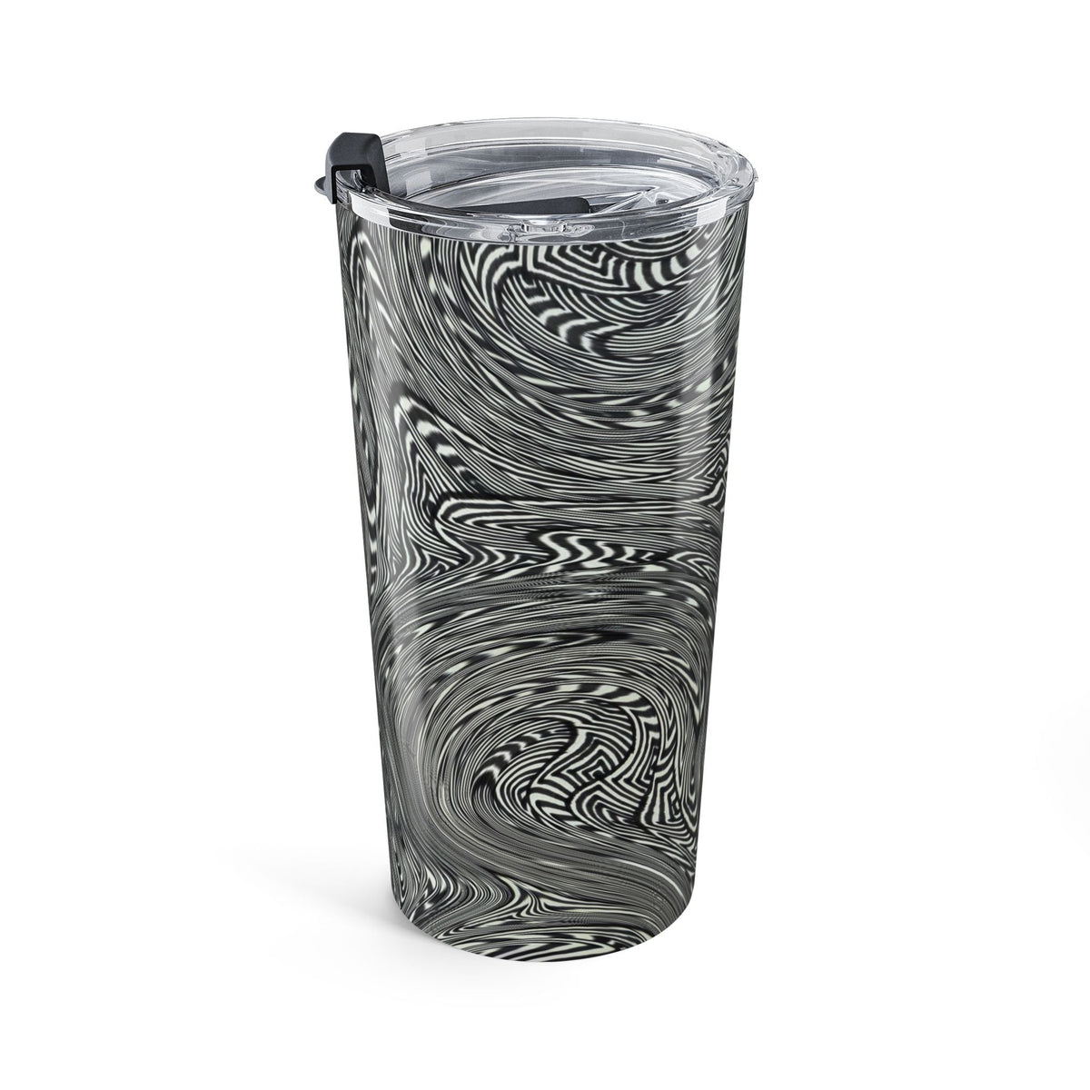 20oz Stainless Travel Tumbler featuring a stylish black swirl abstract design by Printify. This dishwasher safe tumbler is an ideal option for a commuter tumbler or as a modern water cup for those who cherish unique drinkware like gothic drinkware.