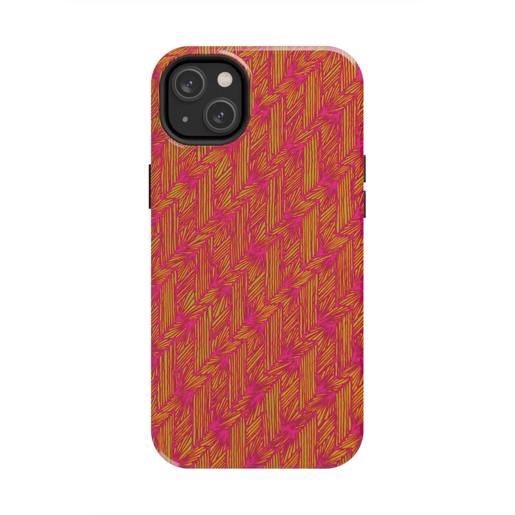 Tough Phone Case — Vibrant Tropical Herringbone Pattern, impact resistant iphone 17 case with compact dual camera design