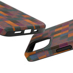 Impact-Resistant Phone Case — Retro Checkerboard Pattern, Fractyl wireless charging iphone 18 pro case displayed with a vivid green, burnt orange, and plum geometric pattern.
