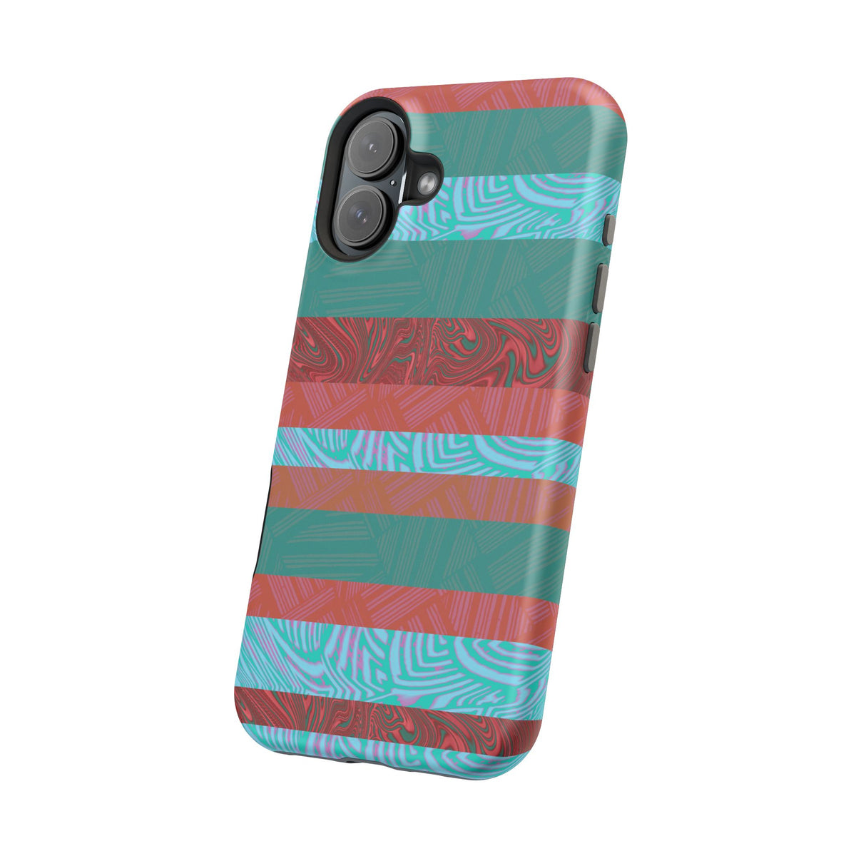 Striped Teal & Coral Magnetic Impact Phone Case close-up of colorful camera surround, Fractyl magsafe compatible iphone 18 pro max case