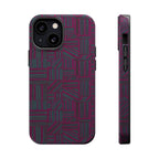 Slim Protective Phone Case With MagSafe, Dual-Layer Impact Protection, Plum Geometric Design, close rear view with precise camera and button cutouts; slim protective iphone 16 promax  case.