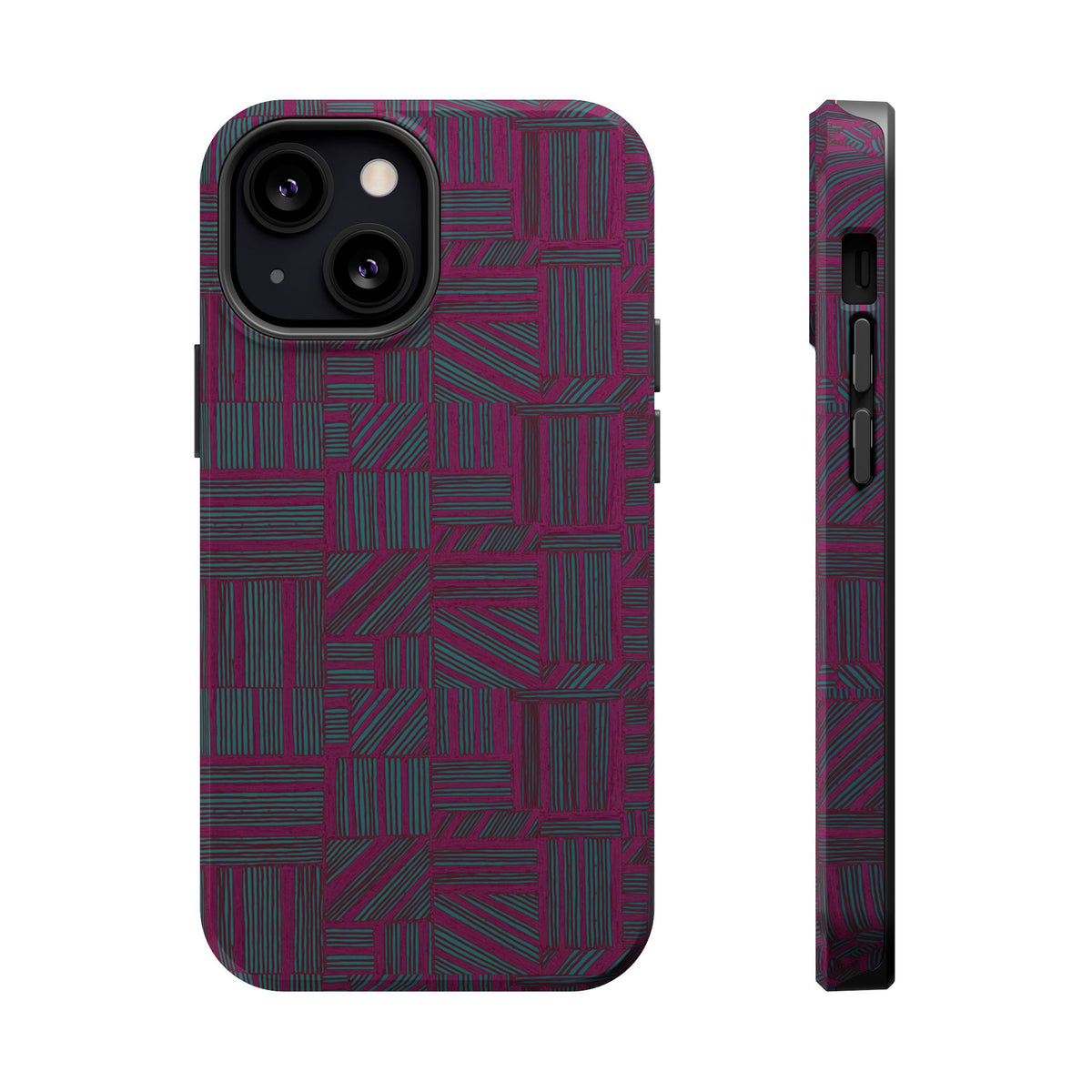 Slim Protective Phone Case With MagSafe, Dual-Layer Impact Protection, Plum Geometric Design, close rear view with precise camera and button cutouts; slim protective iphone 16 promax  case.